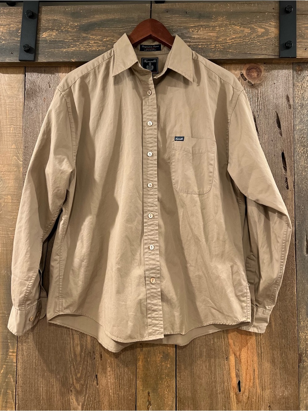 Vintage 90s Façonnable Albert Goldberg Tan Twill Button Down Shirt Men’s L
